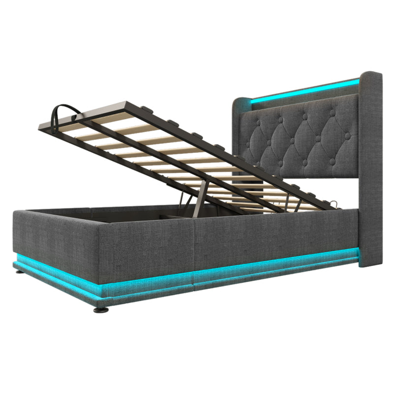 Polsterbett einzelbett,360-Surround-LED-Funktion, Drucktaste/App/Fernbedienung,90*200 cm, Grau Leinen-Material Hydraulisches Lagerbett, gepolstertes Kopfteil mit USB Typ-C Ladefunktion (Ohne Matratze)