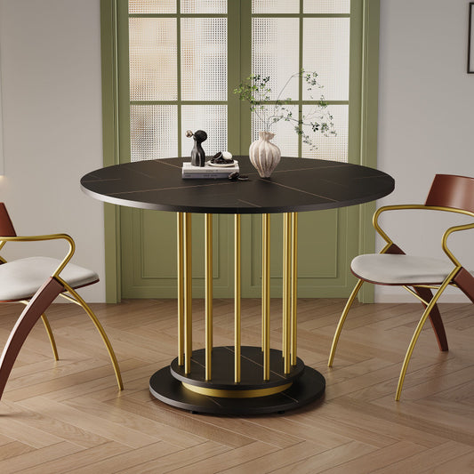 Runder Esstisch mit Marmoroptik Modernes Design mit Metallgestell, Schwarz+Gold