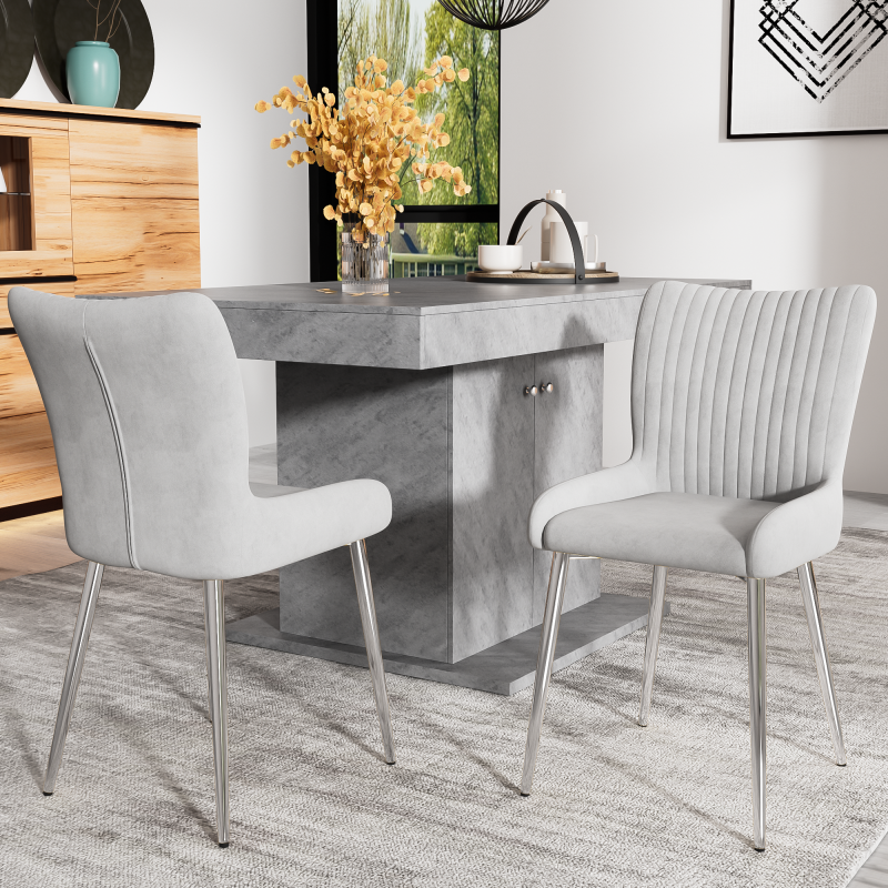 Samt-Esszimmerstuhl, 2er-Set, luxuriös, Wohnzimmer, Schlafzimmer, Lounge-Stuhl mit vier Silberne Metallstützbeinen, Lendenwirbelstütze,Grau
