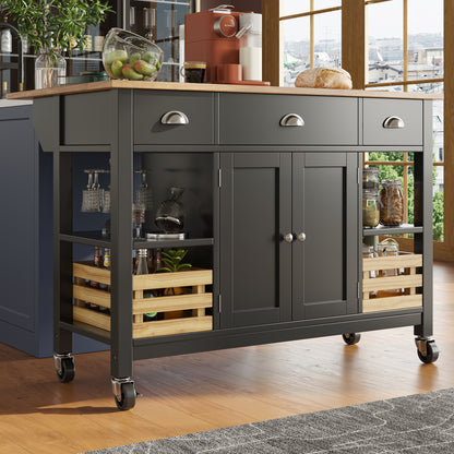 Moderne Kücheninsel Küchenschrank mit Kiefernkorb 120x45x90cm Multifunktions Esstisch Servierwagen Holzmaserung Aufbewahrungskorb Schwarz