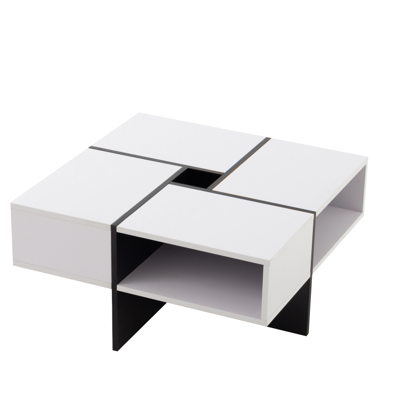 Moderner quadratischer Couchtisch 70x70x35cm – Schwarz-Weiß Design, 5 offene Fächer, mittleres Staufach 10x10cm, stabiler 30KG Tragkraft,Weißer quadratischer Couchtisch