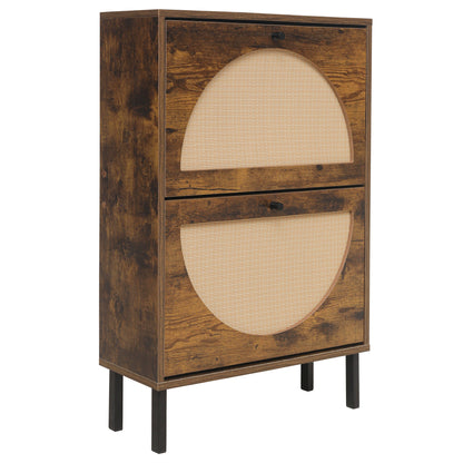 Schuhschrank mit zwei Türen, austauschbaren halbrunden Türfronten und Rattan-Oberfläche, geeignet für den Eingangsbereich und andere Szenen, Vintage-Braun