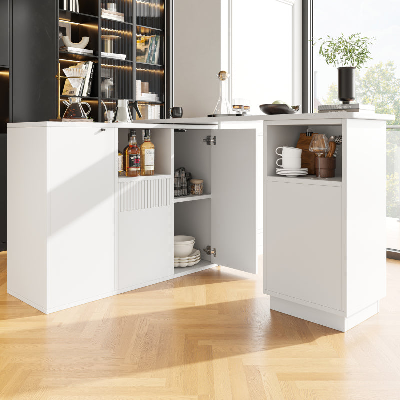 Um 360° drehbarer Bartisch (Hauptkörper 198,5 x 30 x 75 cm), modernes und schlichtes weißes Design, mit offenem Stauraum und Marmor-Arbeitsplatte, geeignet für Küche, Wohnzimmer und Esszimmer