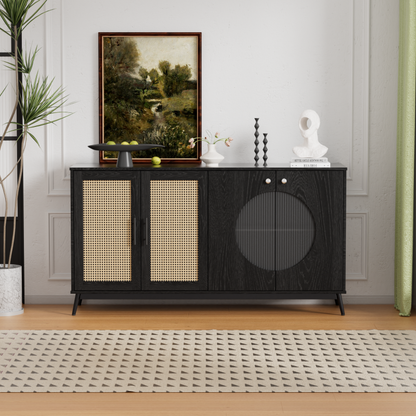 Sideboard mit Glastüren aus Rattan, halbrunde Tür, hochwertige Aufbewahrungsmöbel