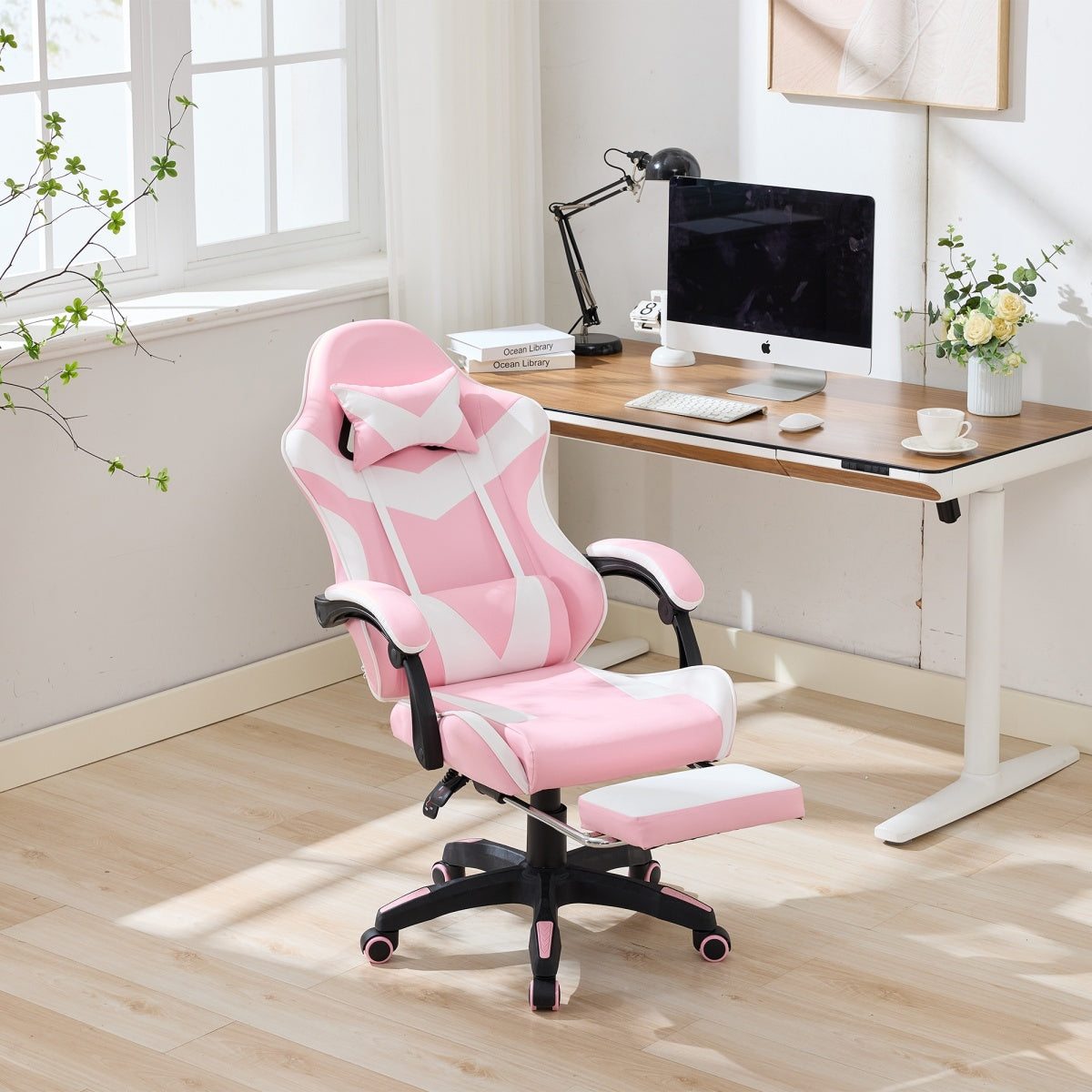 Gaming Stuhl Racing Design, 155° Liegefunktion, Fußstütze, Lendenmassage, Rosa + Weiß