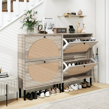 Schuhschrank mit zwei Türen, austauschbaren halbrunden Türfronten und Rattan-Oberfläche, geeignet für den Eingangsbereich und andere Szenen, Retro-grauer
