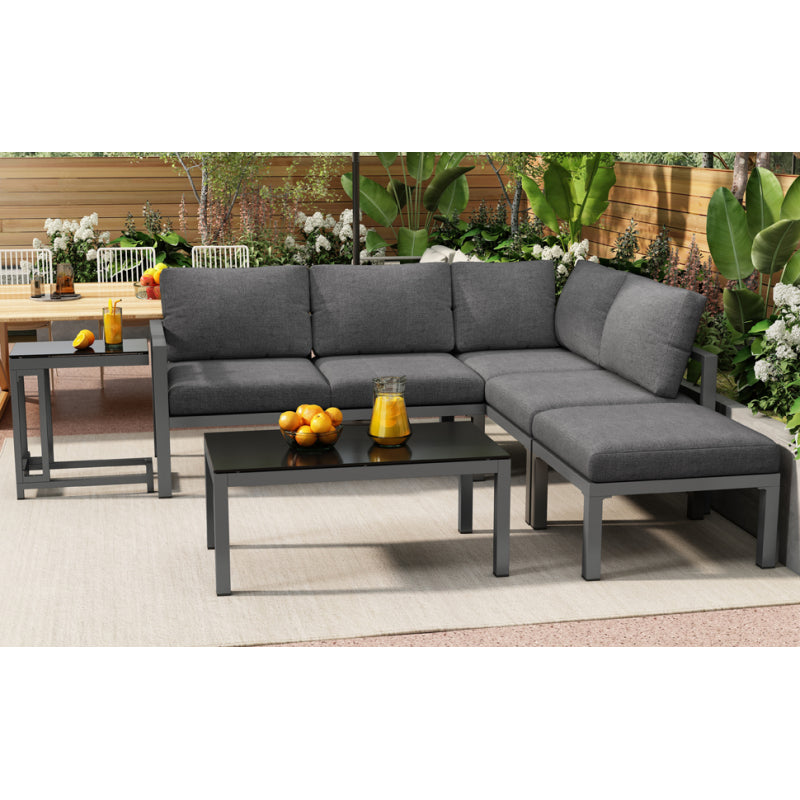Garten Loungesessel Set, Eckloungesessel, Gartenmöbel für 4-5 Personen, mit Beistell- und Couchtisch, wetterfeste Loungemöbel, grau, 5er Set, inkl. aller Kissen(preview sku:HW24018AAS)