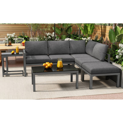 Garten Loungesessel Set, Eckloungesessel, Gartenmöbel für 4-5 Personen, mit Beistell- und Couchtisch, wetterfeste Loungemöbel, grau, 5er Set, inkl. aller Kissen(preview sku:HW24018AAS)
