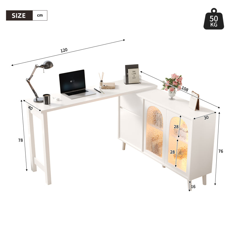 Schreibtisch mit LED - 2-in-1 Sideboard und Arbeitsplatte, 360° drehbar, mit Acryltür, FSC-zertifiziert, weiß, 120×40×78 cm