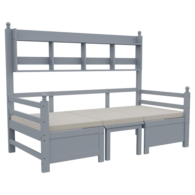 Multifunktionales Massivholz Schlafsofa 200x90 cm, 2-in-1 Bett und Schreibtisch, Frei Umbaubar, Mit Bücherregal Zur Aufbewahrung, Mit Bequemen Kissen, Gästebett Einzelholzbett, Grau