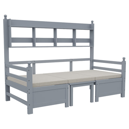 Multifunktionales Massivholz Schlafsofa 200x90 cm, 2-in-1 Bett und Schreibtisch, Frei Umbaubar, Mit Bücherregal Zur Aufbewahrung, Mit Bequemen Kissen, Gästebett Einzelholzbett, Grau