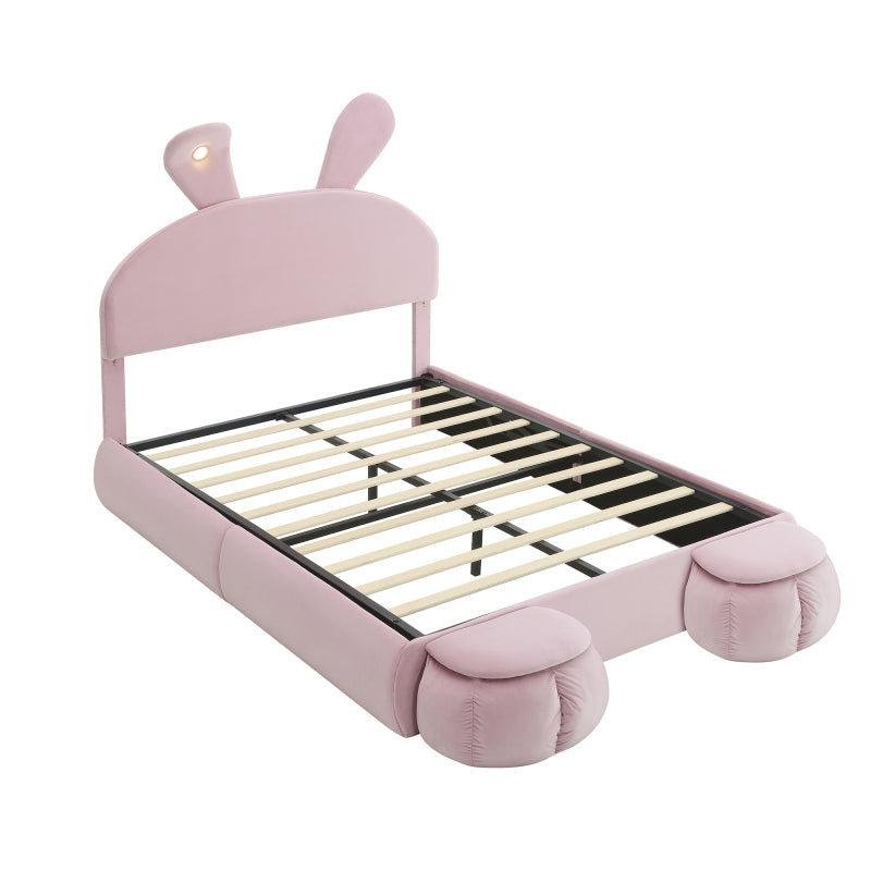 Polsterbett, Doppelbett, hydraulisches Bett, Hasenohren mit einstellbarer Helligkeit warmfarbenen Lichtstreifen, Stauraum unter dem Bett, zwei Aufbewahrungshockern, Samt, Rosa, 140x200cm