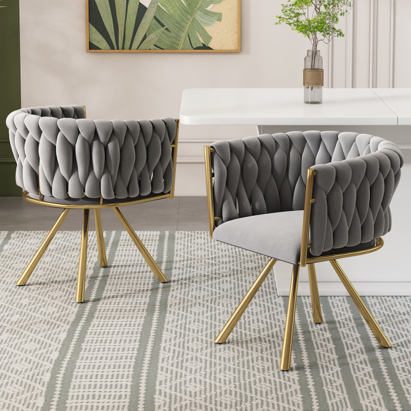 Samt-Esszimmerstuhl, einzelner heller Luxus-Wohnzimmer-Schlafzimmer-Drehstuhl, Freizeit-Drehstuhl mit vier Stützbeinen aus Metall,Grau und Gold