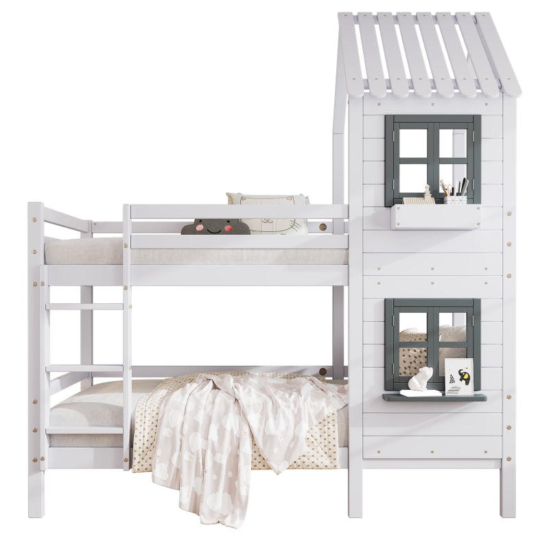 Etagenbett mit Handlauf und Fenster, Hausbett, Kinderbett mit Fallschutz und Gitter, Rahmen aus Kiefer, weiß (90x200cm) [29590567WAA]