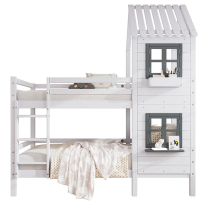Etagenbett mit Handlauf und Fenster, Hausbett, Kinderbett mit Fallschutz und Gitter, Rahmen aus Kiefer, weiß (90x200cm) [29590567WAA]
