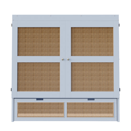 Schrankbett 140 x 200 cm, Wandbett mit Lattenrost, Wandklappbett, Rattan-Design, Holzbetten, Jugendbetten, Einzelbetten, Grau