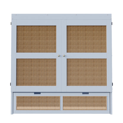 Schrankbett 140 x 200 cm, Wandbett mit Lattenrost, Wandklappbett, Rattan-Design, Holzbetten, Jugendbetten, Einzelbetten, Grau