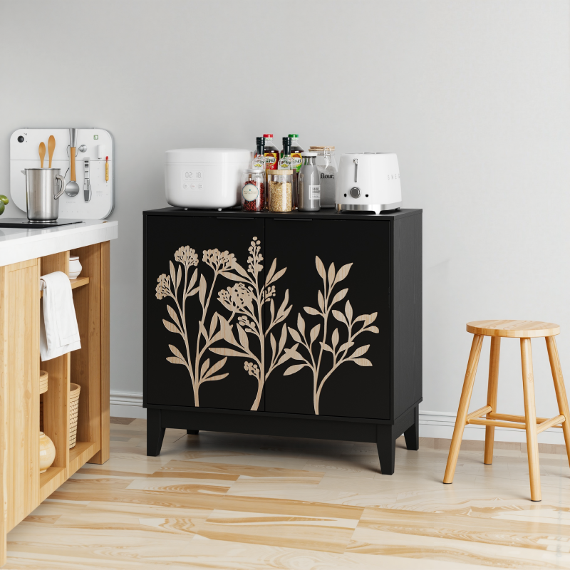 Vintage Buffetschrank mit Schnitzerei, 2 Türen & verstellbaren Regalen – Holz Sideboard für Wohnzimmer, Küche & Esszimmer, Schwarz