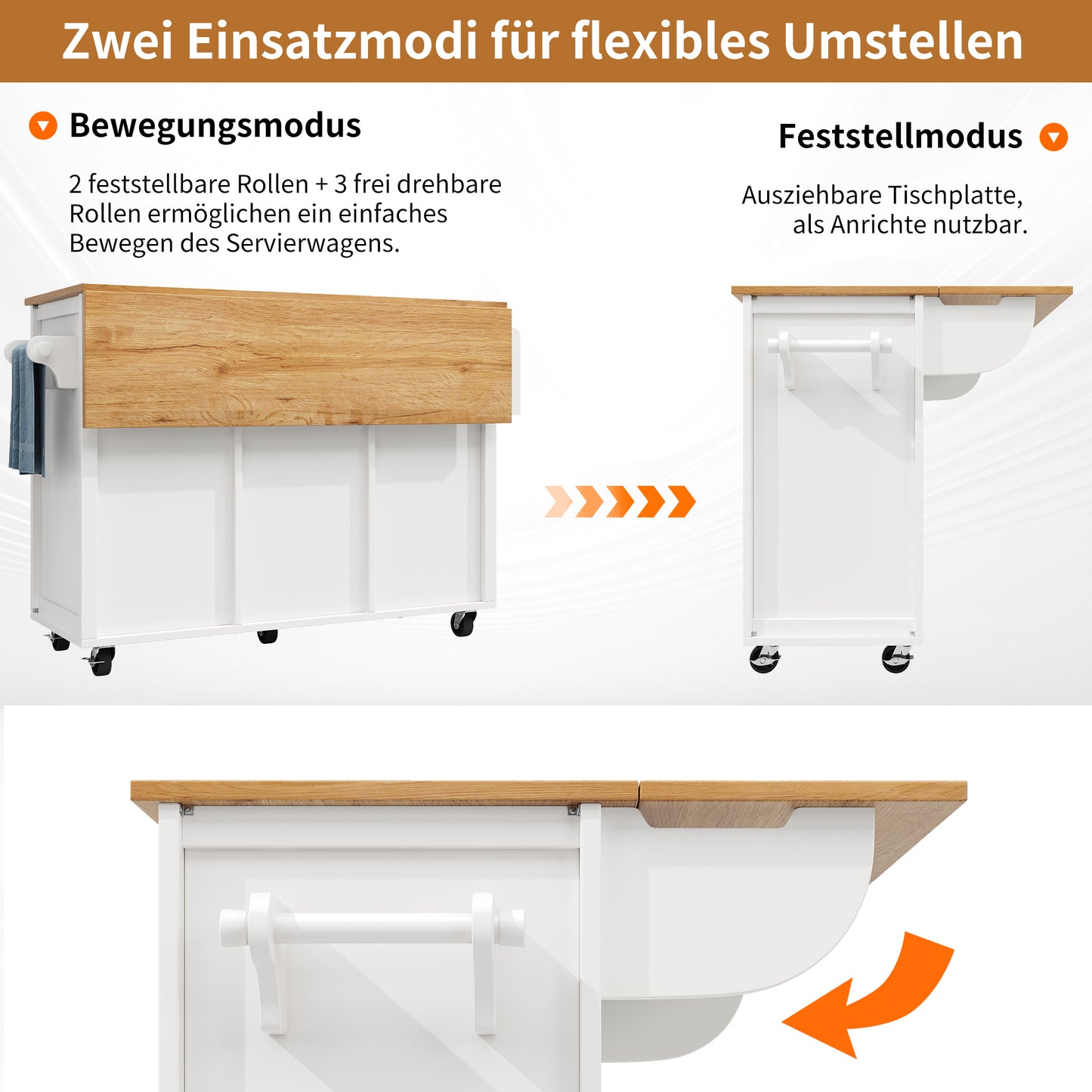 Kücheninsel Buffetschrank 120x73x92cm Küchenwagen mit klappbarer Arbeitsplatte Gewürzregal Weinregal und verstellbaren Ablagen Weiß