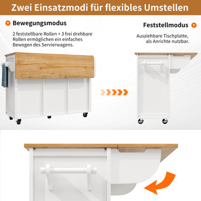 Kücheninsel Buffetschrank 120x73x92cm Küchenwagen mit klappbarer Arbeitsplatte Gewürzregal Weinregal und verstellbaren Ablagen Weiß