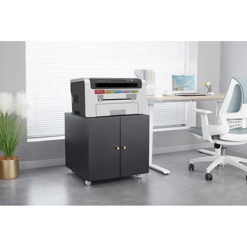 Metal Printer Stand with Storage Mobile Printer Tables for Small Spaces with Door Adjustable Shelf File Cabinet on Wheels for Home Office (Black)