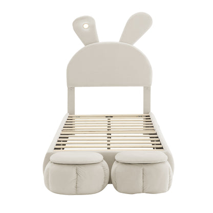 Polsterbett, Einzelbett, Hasenohren mit einstellbarer Helligkeit warmfarbenen Lichtstreifen, mit zwei Aufbewahrungshockern, Kinderbett mit Holzlatten, Samt, Beige, 90x200cm