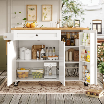 Kücheninsel mit Rollen & klappbarer Arbeitsplatte, Küchenwagen mit 3 Türen & Schublade, Sideboard inkl. Gewürzregal & Handtuchhalter, 99cm