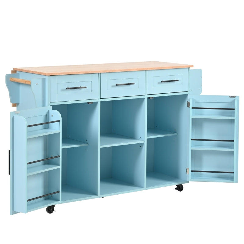 139x46(71)x91,5 cm großer Esswagen/Anrichte, Korpus Blau + Arbeitsplatte in Massivholzmaserung, klappbare Arbeitsplatte, Ablagetür, Rollen, auswechselbare Massivholzfüße, geeignet für Esszimmer, Küche