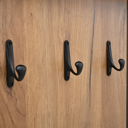 Schuhbank mit Garderobe & 3 Haken, Schuhschrank mit 2 Türen und Sitzbank, Flurmöbel aus Spanplatte, Schwarz/Natur, B70×T36×H146 cm