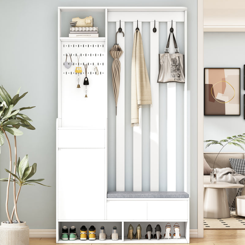 Flurgarderobe mit gepolsterter Aufbewahrungsbank, multifunktionaler Flur-Schuhschrank mit Stecktafel, moderne Garderobe mit 4 Haken für Eingangsbereich, Waschküche, Weiß,H180/B100/T35 cm