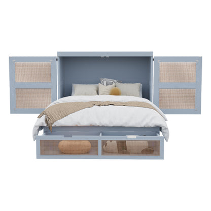Schrankbett 140 x 200 cm, Wandbett mit Lattenrost, Wandklappbett, Rattan-Design, Holzbetten, Jugendbetten, Einzelbetten, Grau