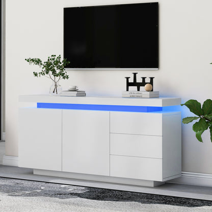Sideboard Schrank Modern Wohnzimmer Beistellschrank Standschrank Kommode Highboard Anrichte Möbel 2 Türen 3 Schubladen Hochglanz Sideboard mit LED Licht Grifflose 140x35x72.5cm - Weiß