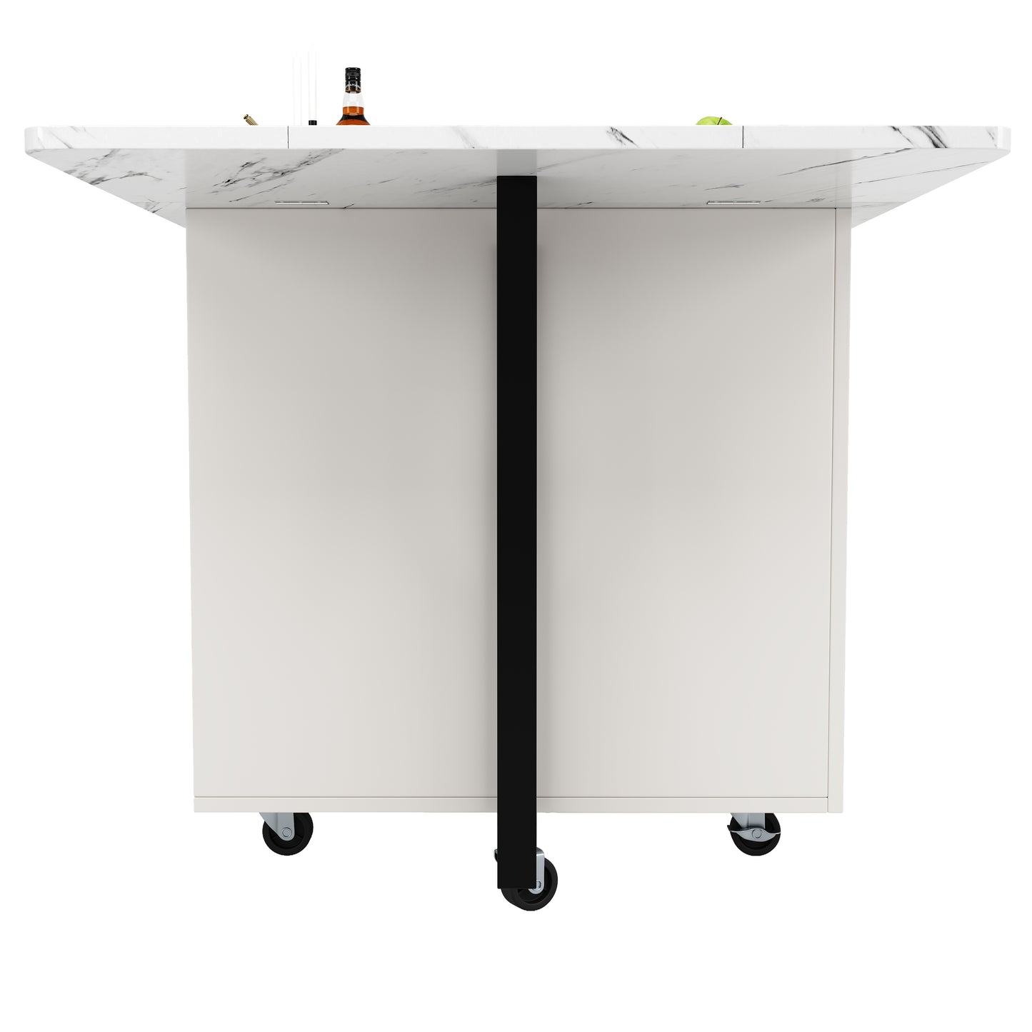 Tragbarer Esstisch, klappbare Tischplatte, marmorierte Tischplatte, geeignet für Esszimmer, Wohnzimmer, verstellbare Trennwände, großes Staufach, 6 Rollen (2 feststellbar), schwarze Tischbeine