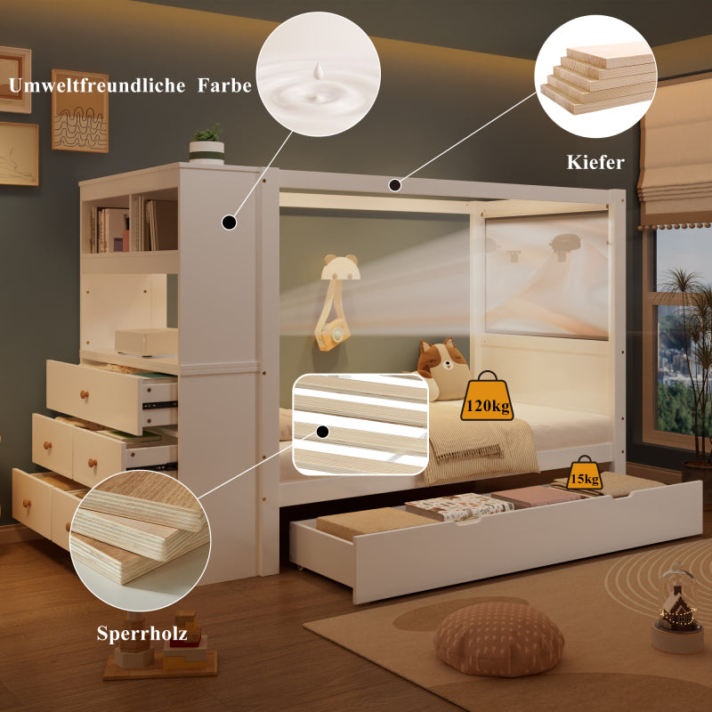 Einzelbett, Kinderbett mit Fallschutz und Gitter,  Holzbett mit Stauraum, Weiß+Natur,  90x200cm
