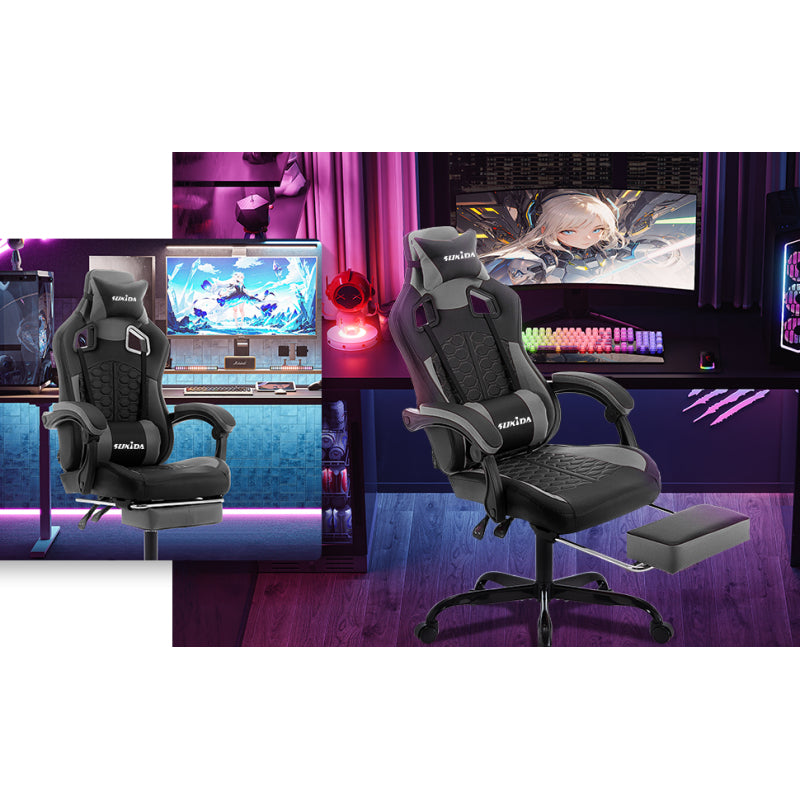 Gaming Stuhl, Ergonomischer Gaming-Stuhl mit Fußstütze, Racing Gaming Chair Kopfstütze Verstellbarer Computerstuhl Höhenverstellbar Lendenwirbelstütze für Homeoffice und Gaming Gray