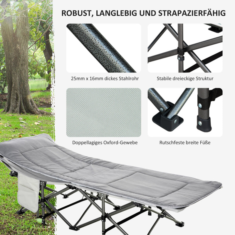 Campingbett Klappbares Feldbett mit Kopfkissen und Seitentasche, Matratze in Hellgrau, belastbar bis 150kg