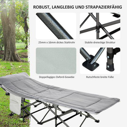 Campingbett Klappbares Feldbett mit Kopfkissen und Seitentasche, Matratze in Hellgrau, belastbar bis 150kg