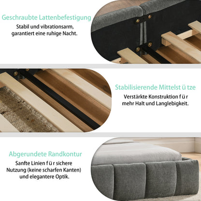Doppelbett 160x200 cm mit Chenille Bezug Eukalyptusholz Eisenrahmen Dark Gray (ohne Matratze)