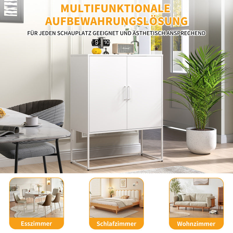 Metall-Sideboard,Lagerschrank– 2 Regale, Freistehender Stahlschrank, Magnettüren, Anti-Kipp-Sicherung, Wohnzimmer, Küche, Büro, Weiß, H 109 cm × B 85 cm × T 40 cm