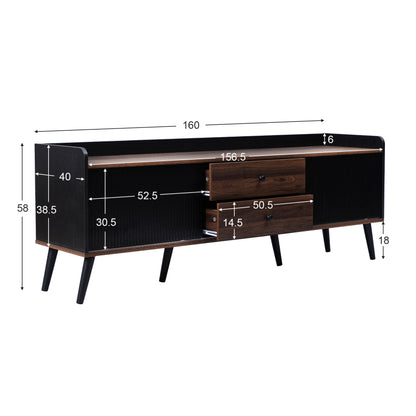 TV-Schrank mit zwei Schubladen, Fernsehtisch TV Board, TV- Lowboard niedrige Platte mit zwei Schiebetüren. Exquisite Textur. Schwarz und natürliches Holzfarbe. H58/L160/T40 cm