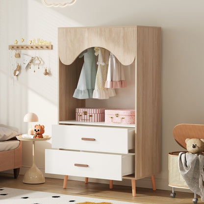 Kinderkleiderschrank, Kleiderschrank mit Kleiderstange, mit Schubladen, Vollholz Griffen, aus Spanplatte, weiß+natürliches Holz