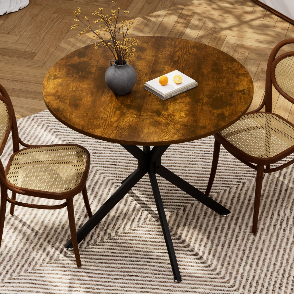 Esstisch Rund 90 cm (Vintagebraun-Schwarz), Küchentisch mit Metallbeinen, Industrial Design