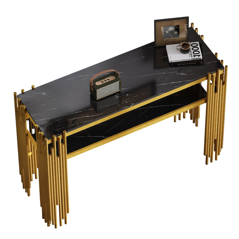 Mid-Century Modern Wohnzimmer Beistelltisch, Konsolentisch, Schwarzer Korpus mit goldenen Beinen, Doppelschicht MDF, Belastbarkeit bis 40 kg