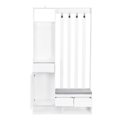 Flurgarderobe mit gepolsterter Aufbewahrungsbank, multifunktionaler Flur-Schuhschrank mit Stecktafel, moderne Garderobe mit 4 Haken für Eingangsbereich, Waschküche, Weiß,H180/B100/T35 cm