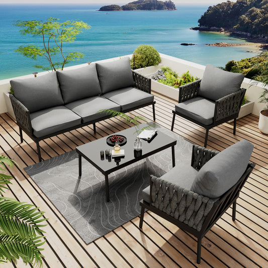 Garten Loungesessel Set, Gartenmöbel Set mit bequemen Kissen, 3er Sofa, 2 Sessel und Couchtisch, Outdoor, Glastischplatte, geflochtene Seilarmlehnen, verzinkter Stahl, grau