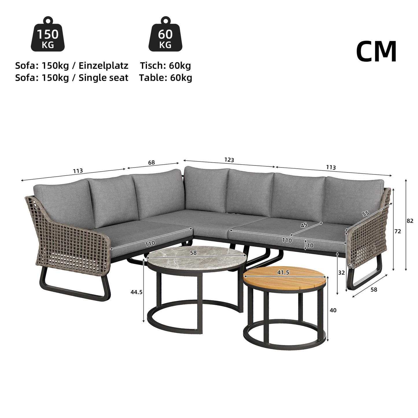 Gartenmöbel-Set für 6-7 Personen, Outdoor-Lounge-Set, Rattan-Handwerk, mit zwei Tischen, mit verzinktem Eisengestell, verstellbare Beine, inklusive aller Sitz- und Rückenkissen, grau