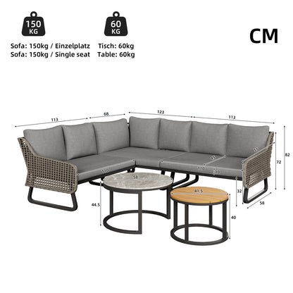 Gartenmöbel-Set für 6-7 Personen, Outdoor-Lounge-Set, Rattan-Handwerk, mit zwei Tischen, mit verzinktem Eisengestell, verstellbare Beine, inklusive aller Sitz- und Rückenkissen, grau