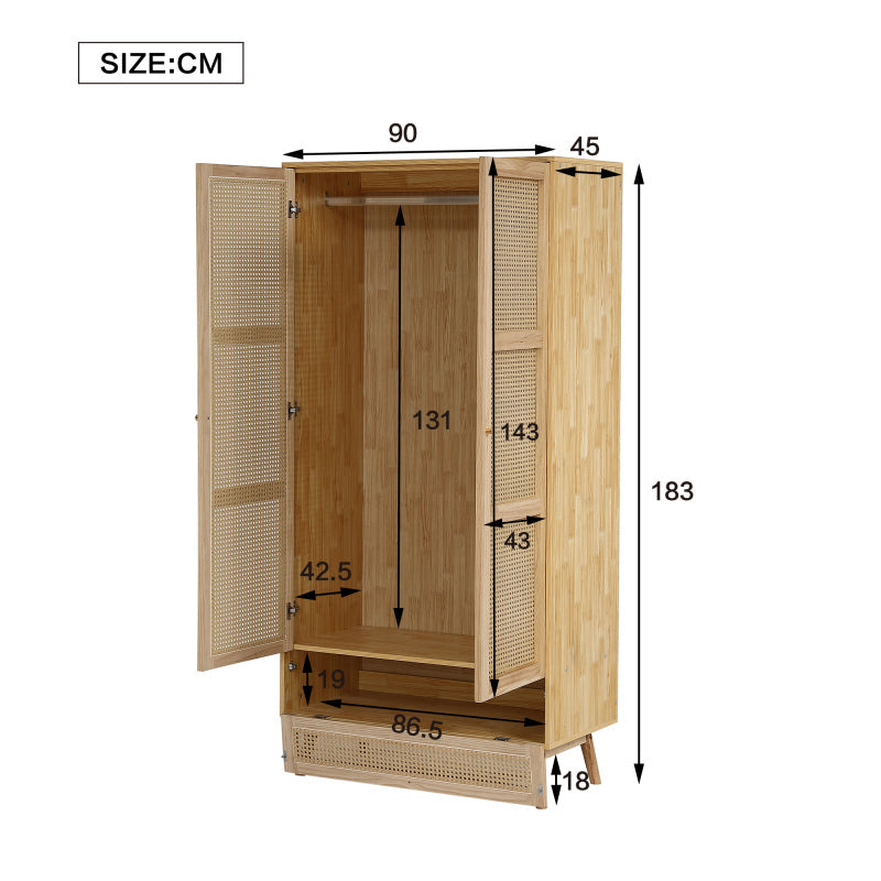 Kleiderschrank mit Stange, 2-türiger Kleiderschrank, Schlafzimmer, Rattannetz, Wohnzimmer, mit unterem Flip-Top-Deckel, Spanplatten+PE-Rattan, Natur