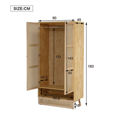 Kleiderschrank mit Stange, 2-türiger Kleiderschrank, Schlafzimmer, Rattannetz, Wohnzimmer, mit unterem Flip-Top-Deckel, Spanplatten+PE-Rattan, Natur