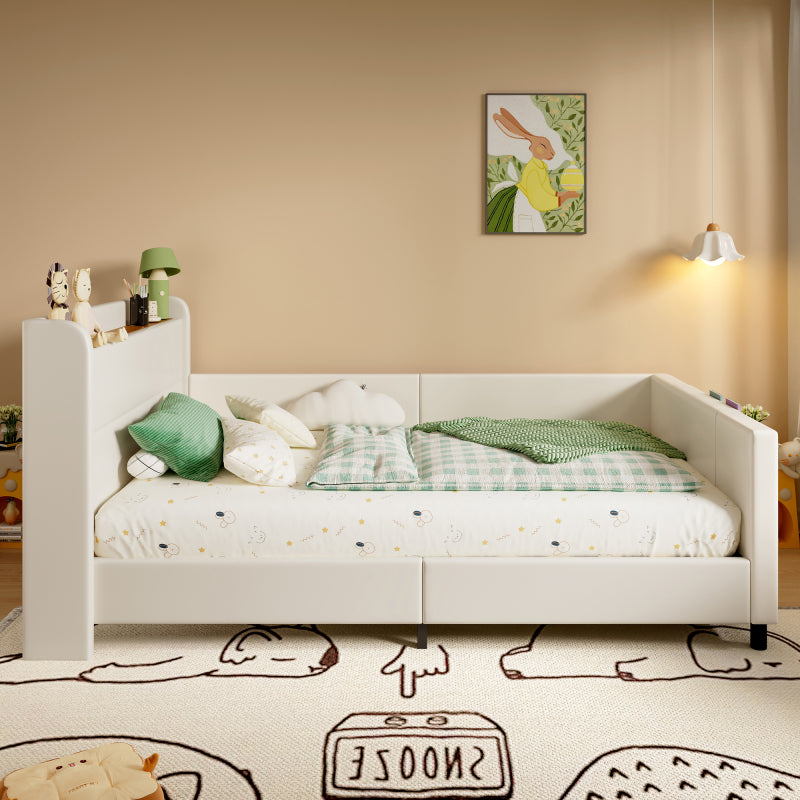 Kinder-Spleißbett, Polsterbett, Tagesbett, Schlafsofa mit Metallbettgestell, Kindernachttisch mit unterer Klapptür, 3 kleine Aufbewahrungstaschen, PU+MDF+Sperrholz, Weiß, 90x200cm